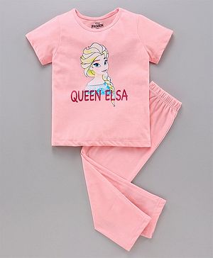 Pine Kids Half Sleeves Bio Washed T-Shirt & Capri Set Elsa Graphic - Pink