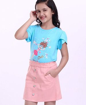 Pine Kids Half Sleeves Top & Skirt Cartoon Graphic - Pink & Blue