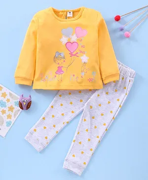 ToffyHouse Full Sleeves Pyjama Set Hearts Print - Yellow