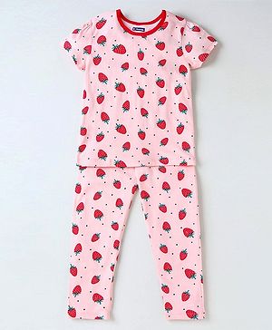 Pine Kids Biowashed Half Sleeves Top & Pyjama Pants Set Strawberry Print - Pink