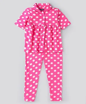 Pine Kids Biowashed Half Sleeves Top & Pyjama Pants Set Polka Dot Print - Pink