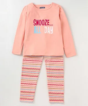 Pine Kids Biowashed Full Sleeves Top & Pyjama Pants Set Heart Print - Multicolour