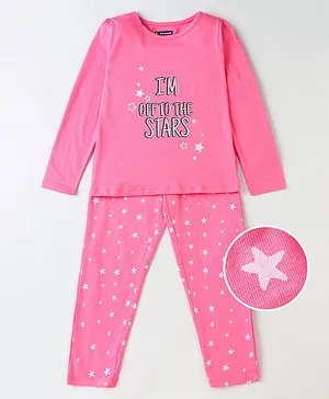 Pine Kids Biowashed Full Sleeves Top and Pyjama Pants Set Star Print - Pink