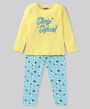 Pine Kids Biowashed Full Sleeves Top and Pyjama Pants Set Star Print - Blue Yellow