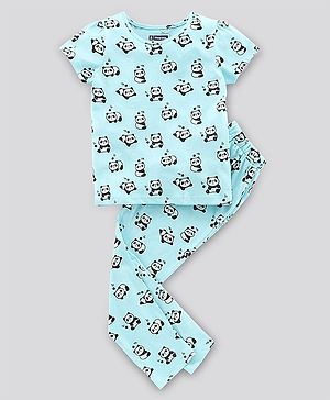 Pine Kids Biowashed Half Sleeves Top & Pyjama Pants Set Panda Print- Blue