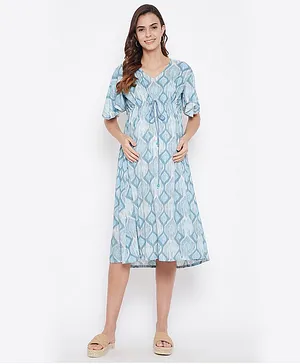 The Kaftan Company Half Sleeves Abstract Print Maternity Dress - Blue