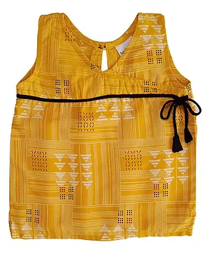 Snowflakes Sleeveless Printed Angrakha Style Girls Top - Yellow