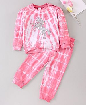 Babyhug Full Sleeves Tee & Lounge Pant Sequinned Unicorn Embroidery - Pink White