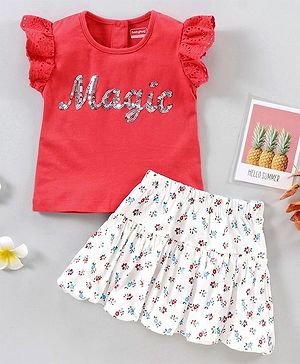 Babyhug Short Frill Sleeves Top and Skirt Set with Sequins Floral Print - Red White