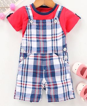 Babyhug Half Sleeves Tee and Dungaree Set Checks - Red