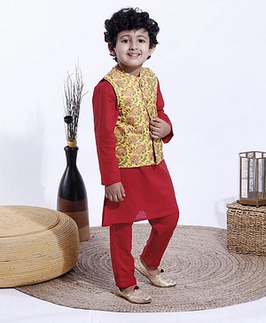 Babyhug Full Sleeves Kurta and Pyjama Set With Waistcoat - Maroon