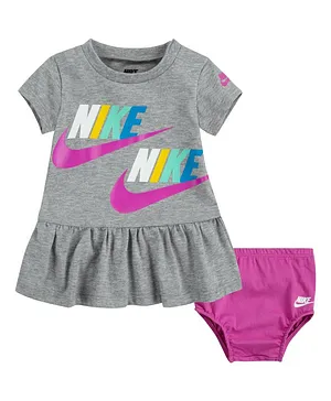 Nike Short Sleeves Brand Logo Print Peplum Dress With Bloomer - Grey