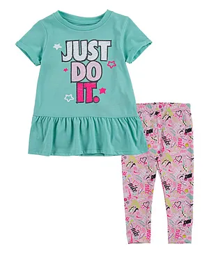 Nike Half Sleeves Just Do It Print Peplum Top With Leggings - Pink & Sea Green