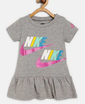 Nike Short Sleeves Logo Print Peplum Dress With Bloomer - Grey