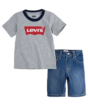 Levi's® Half Sleeves Brand Logo Print Tee & Denim Shorts Set - Grey