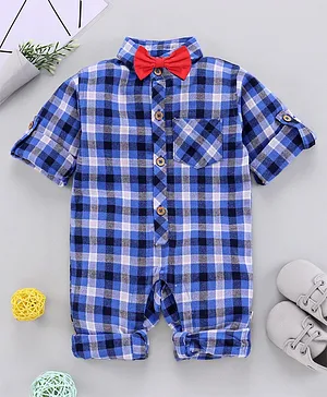 Rikidoos Full Sleeves Checkered Romper With Bow Tie - Blue