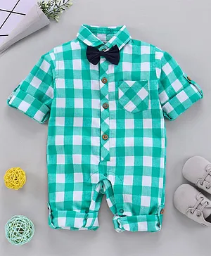 Rikidoos Full Sleeves Checkered Romper With Bow Tie - Light Green
