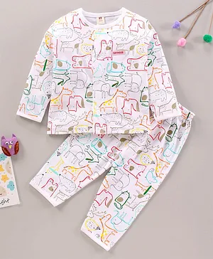 ToffyHouse Full Sleeves Pyjama Set All Over Print - White