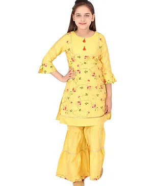 Cutecumber Floral Embroidered Full Sleeves Kurta With Sharara - Yellow