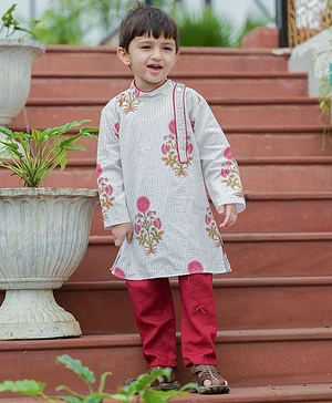Fairies Forever Full Sleeves Floral Block Print Kurta With Pajama - Maroon