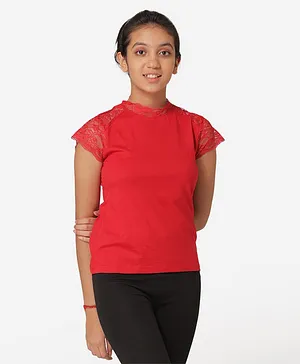 Mode by Red Tape Short Sleeves Lace Detailing Top - Red