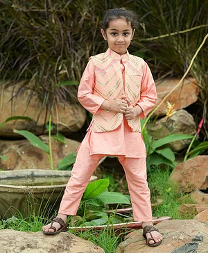 Fairies Forever Full Sleeves Kurta With Design Detailing Jacket & Pajama - Peach