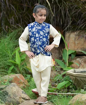 Fairies Forever Full Sleeves Cowl Style Kurta With Floral Print Jacket & Pajama - Cream & Blue