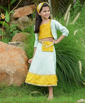 Fairies Forever Sequins Detailing Top With Skirt & Three Fourth Sleeves Jacket - Sea Green & Mustard