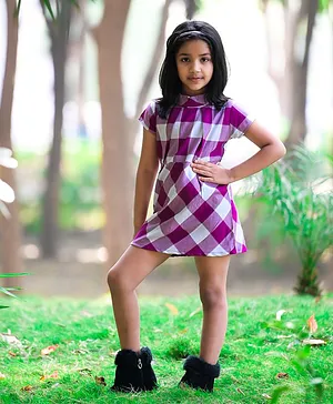 Fairies Forever Short Sleeves Checked Dress - Purple