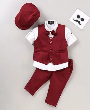 Robo Fry Full Sleeves Party Suit with Bow and Cap Solid Color - Maroon