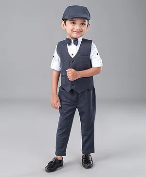 Robo Fry Full Sleeves 3 Pieces Party Suit With Bow And Cap - Blue