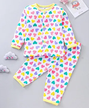 Child World Full Sleeves Heart Print Pyjama Set - Yellow