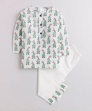 Polka Tots Full Sleeves Bunny Printed Night Suit - White & Green