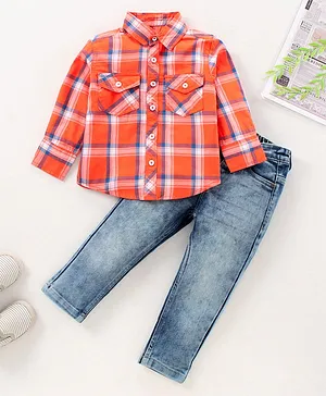 Babyhug Full Sleeves Checked Shirt and Jeans Set - Orange