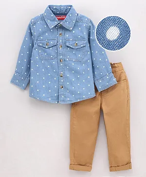 Babyhug Full Sleeves Printed Denim Shirt & Jeans - Light Blue Khaki