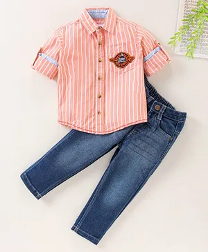 Babyhug Full Sleeves Striped Shirt and Jeans Set - Peach