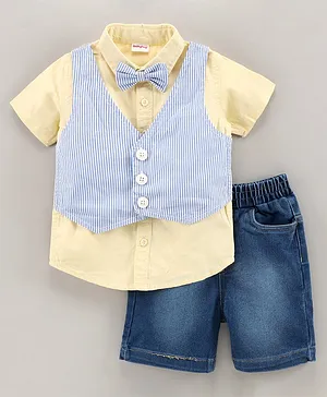 Babyhug Party Wear Half Sleeves Shirt With Attached Stripe Waistcoat & Denim Shorts With Bow - Light Yellow Dark Blue