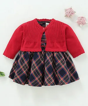 ToffyHouse Checks Frock With Full Sleeves Shrug Bow Applique - Red Navy Blue