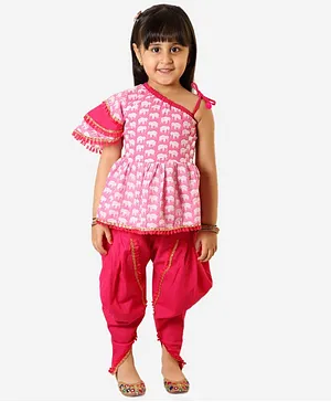 KID1 Half Frilled One Shoulder Sleeves Elephant Print Top With Dhoti - Pink