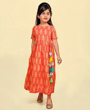 LIL PITAARA Pure Cotton Half Sleeves Motif Print Dress - Orange