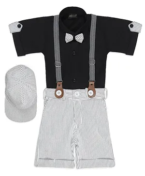 AJ Dezines Half Sleeves Shirt With Bow Tie Suspenders Cap With Striped Shorts - Black