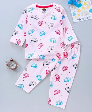 KandyFloss by Amul Full Sleeves Night Suit Cars Print - Pink