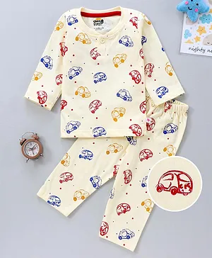 KandyFloss by Amul Full Sleeves Night Suit Cars Print - Off White