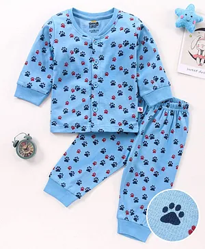 KandyFloss by Amul Full Sleeves Night Suit Paws Print - Blue