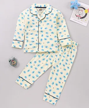 KandyFloss by Amul Full Sleeves Night Suit Floral Print - Off White