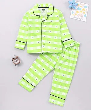 KandyFloss by Amul Full Sleeves Checked Night Suit Text Print - Green