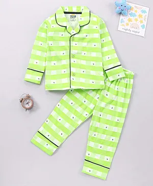 KandyFloss by Amul Full Sleeves Checked Night Suit Text Print - Green