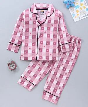KandyFloss by Amul Full Sleeves Checked Night Suit Heart Print - Pink