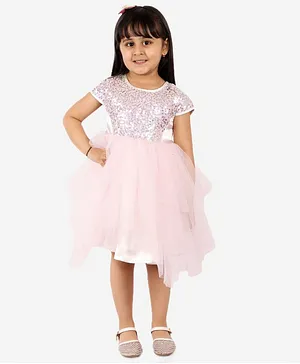 KIDSDEW Cap Sleeves Sequined Fit & Flare Tulle Dress - White