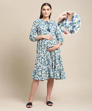 Bella Mama Three Fourth Sleeves Maternity Nursing Dress Floral Print - Blue